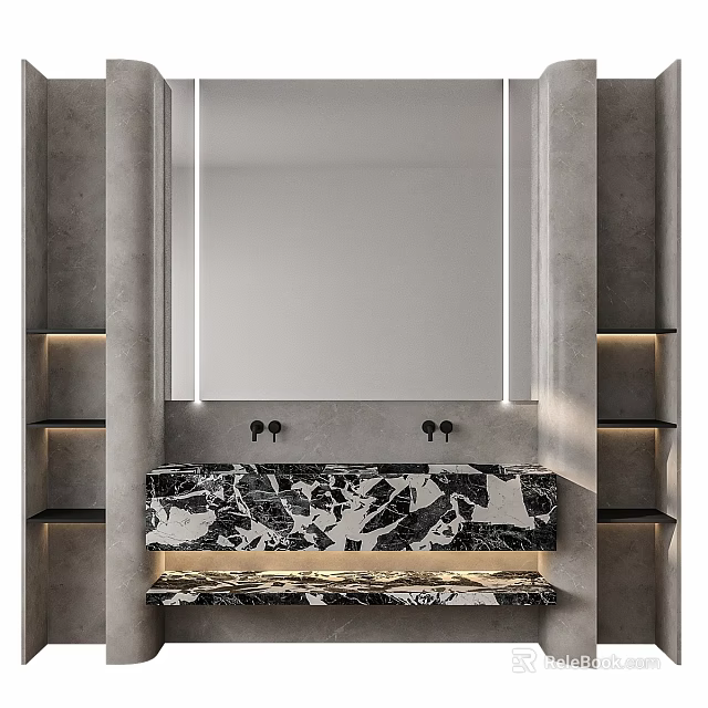 Modern Bathroom Washbasin With Black White Marble Countertop Large Mirror And LED Lighting 3d model 