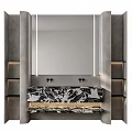 Modern Bathroom Washbasin With Black White Marble Countertop Large Mirror And LED Lighting