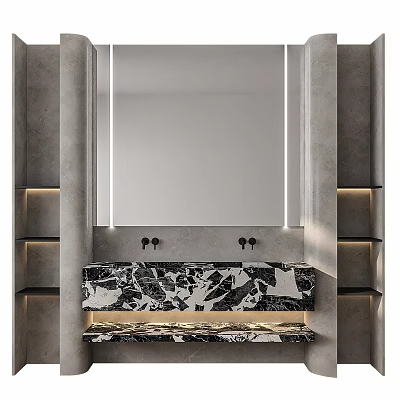 Modern Bathroom Washbasin With Black White Marble Countertop Large Mirror And LED Lighting 3d model