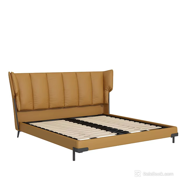 Modern Double Bed With Brown Leather Upholstered Headboard Slatted Base And Metal Black Legs 3d model 