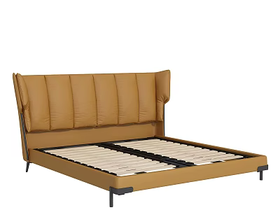 Modern Double Bed With Brown Leather Upholstered Headboard Slatted Base And Metal Black Legs 3d model