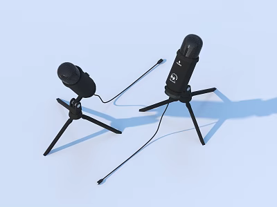 Black Desktop Microphones With Tripod Stands And Audio Cables For Recording 3d model