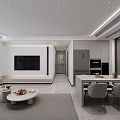 Modern Dining and Living Room Interior With Dining Table Chairs Sofa Rug And Potted Plant