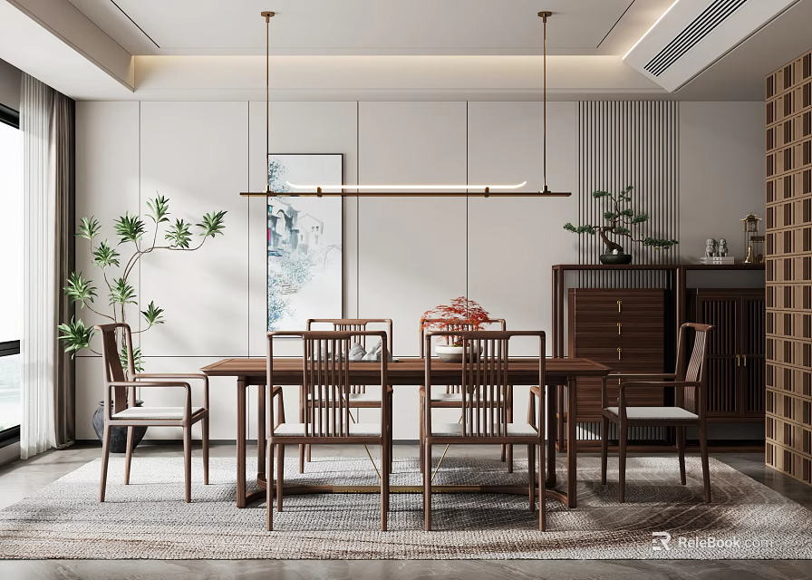 Minimalist Chinese Restaurant Interior With Wooden Dining Table Chairs And Green Plants 3d model 