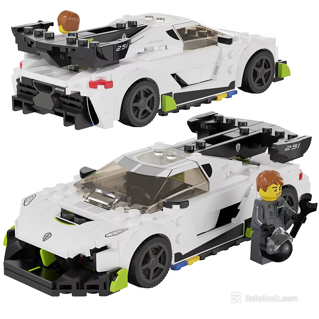 Building Blocks Sports Car Model With White Body Black Green Accents And Mini Figure 3d model 