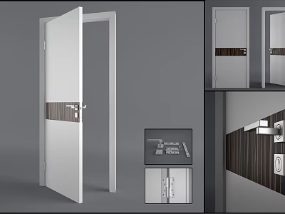 Modern White Security Door With Wooden Strip Lock And Hinges Details 3d model