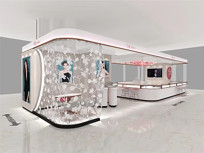 Modern Elegant Jewelry Store With Curved Transparent Display Walls White Floral Patterns And Display Counters 3d model