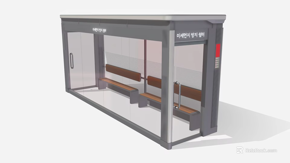 Modern Bus Stop Shelter Exterior With Glass Walls Gray Frame And Wooden Benches 3d model 