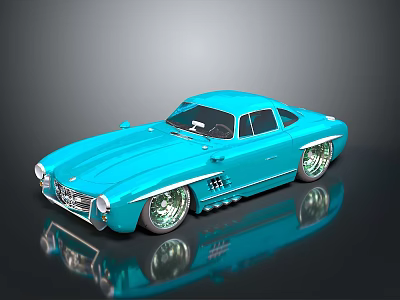 Turquoise Vintage Sports Car With Sleek Body Design And Chrome Wheels On Reflective Surface 3d model