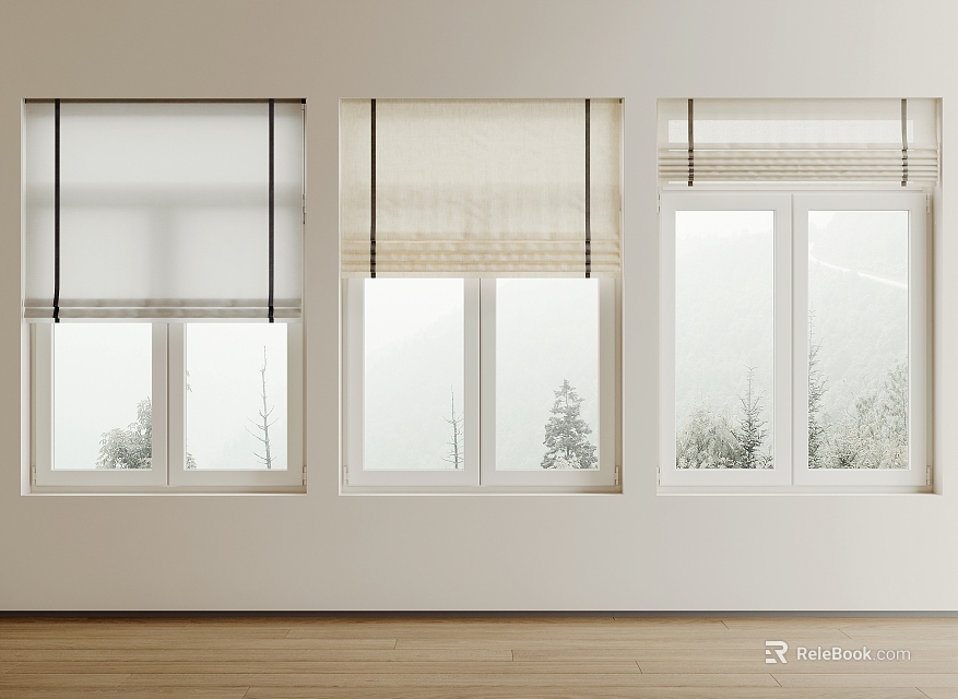 Light Colored Roman Blinds On Windows With Scenic Mountain And Tree View In Minimalist Room 3d model 