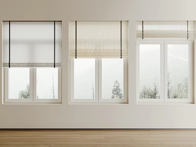Light Colored Roman Blinds On Windows With Scenic Mountain And Tree View In Minimalist Room 3d model