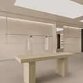 Modern Clothing Store Interior With Open Space Hanging Racks Shelves And Beige Countertop Metal Leg Table