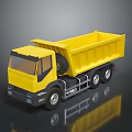 Yellow Dump Truck Model on Gray Surface With Clear Reflection and Detailed Design