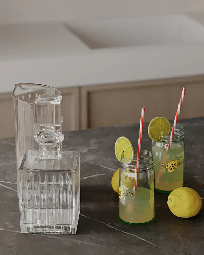 Modern Kitchen Countertop Featuring Transparent Glassware Lemonade With Lemon Slices And Striped Straws 3d model