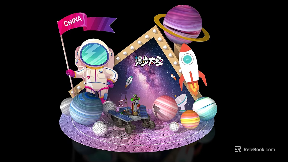 Vibrant Space Display Featuring Astronaut Chinese Flag Rocket Lunar Rover And Planets 3d model 
