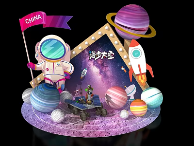 Vibrant Space Display Featuring Astronaut Chinese Flag Rocket Lunar Rover And Planets 3d model
