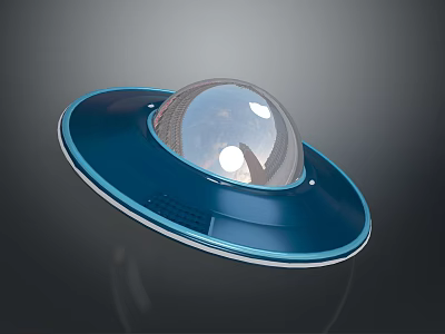 Disk Shaped UFO Like Object With Blue Base And Transparent Reflective Dome Against Dark Background 3d model