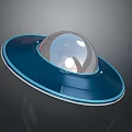 Disk Shaped UFO Like Object With Blue Base And Transparent Reflective Dome Against Dark Background