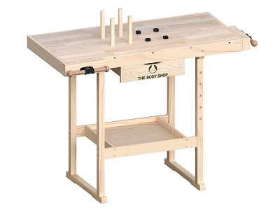 Wooden Functional Workbench With Upper Wooden Sticks Black Knobs And Lower Shelf 3d model