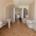 Modern Shop Front Desk Area With Computer Curved Door Round Mirror And Herringbone Floor