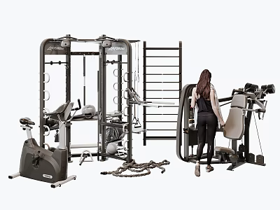 Woman Working Out With Gym Equipment Including Multi Functional Trainer And Exercise Bike 3d model
