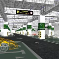 Modern Parking Lot with Multiple Cars Green Pillars Signs Lighting and Clear Parking Lines