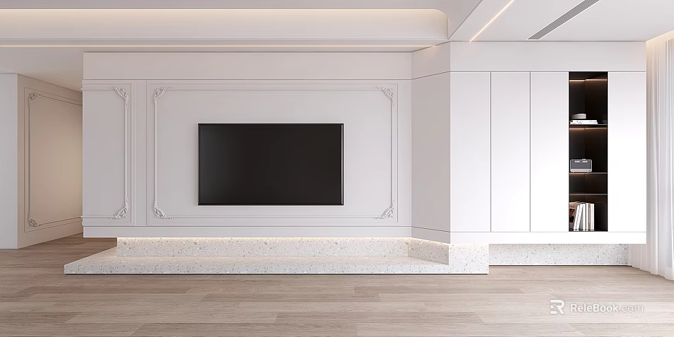 Modern White TV Background Wall With Decorative Trim And Stone Base 3d model 