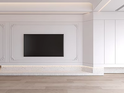 Modern White TV Background Wall With Decorative Trim And Stone Base 3d model
