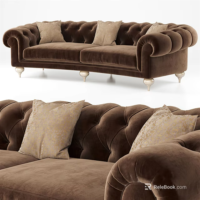 Brown Tufted Two Seater Sofa With Decorative Pillows And Gold Legs 3d model 