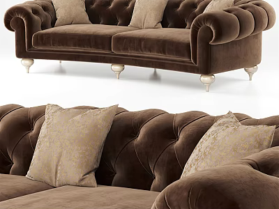 Brown Tufted Two Seater Sofa With Decorative Pillows And Gold Legs 3d model
