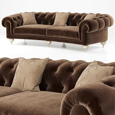 Brown Tufted Two Seater Sofa With Decorative Pillows And Gold Legs 3d model
