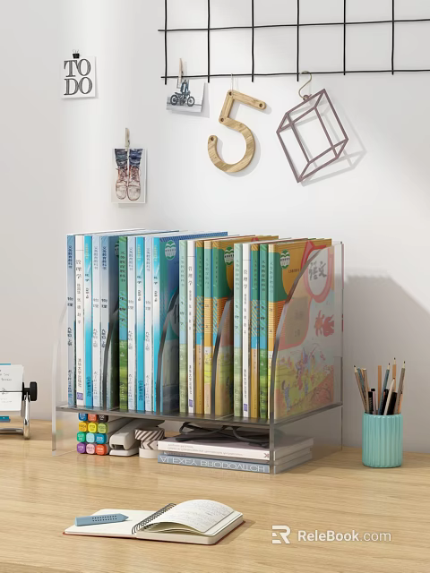 Neatly Arranged Books And Magazines On Clear Bookshelf With Blue Pen Holder And Wall Decor 3d model
