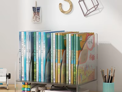 Neatly Arranged Books And Magazines On Clear Bookshelf With Blue Pen Holder And Wall Decor 3d model