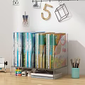 Neatly Arranged Books And Magazines On Clear Bookshelf With Blue Pen Holder And Wall Decor 3d model