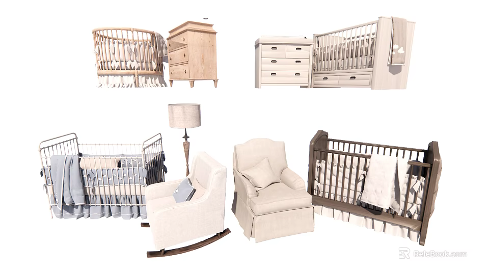 Baby Crib with Wooden Dresser Storage Drawers Rocking Chair and Lamp in Nursery 3d model 