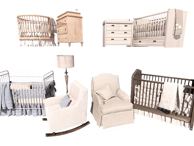 Baby Crib with Wooden Dresser Storage Drawers Rocking Chair and Lamp in Nursery 3d model