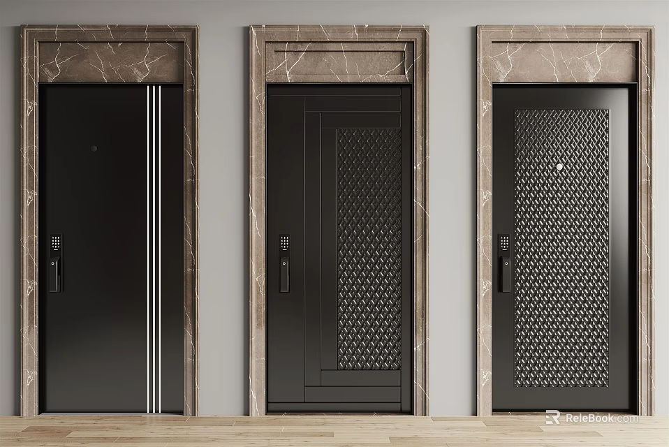 Three Stylish Black Security Doors With Marble Frames And Modern Design Details 3d model 