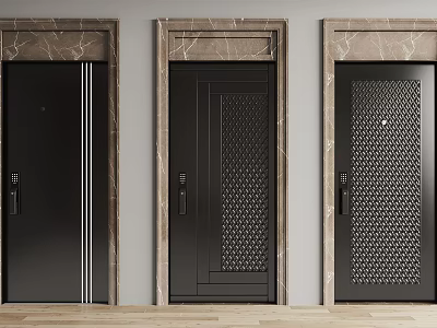 Three Stylish Black Security Doors With Marble Frames And Modern Design Details 3d model