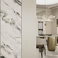 Modern Restaurant Dining Area with Round Table Elegant Chairs Pendant Light and Light Walls