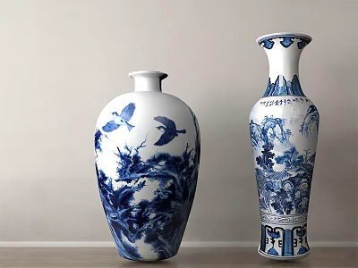 Blue and white porcelain vases with floral bird and landscape designs for home decor 3d model