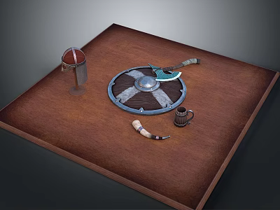 Ancient Viking Weapons Collection With Shield Axe Helmet And Horn On Brown Wooden Table 3d model