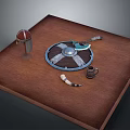 Ancient Viking Weapons Collection With Shield Axe Helmet And Horn On Brown Wooden Table