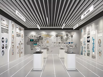 Contemporary Exhibition Hall Interior With Wall Displays White Stands And Striped Ceiling 3d model