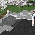 Open Public Park With Green Trees Stone Benches And Walking Pedestrians