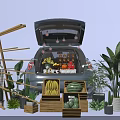 Car Trunk Market Display With Fresh Fruits Plants And Wooden Crates