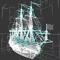 Vintage Sailing Ship with White Sails Blue Brown Hull and Flags on Water