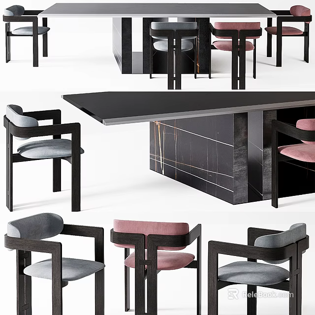 Modern Dining Table Set With Black Table And Gray And Pink Upholstered Black Frame Chairs 3d model 