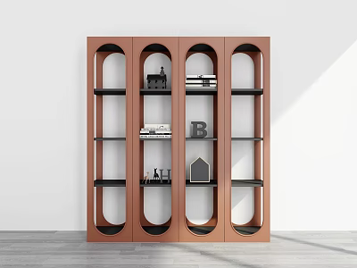 Modern Brown Wooden Bookshelf With Arched Open Shelves Displaying Books And Decorative Items 3d model
