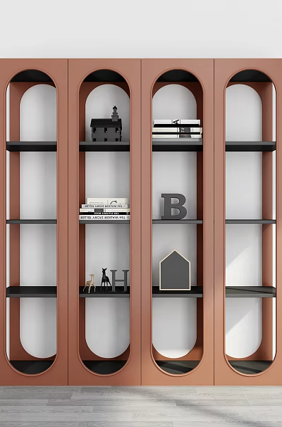 Modern Brown Wooden Bookshelf With Arched Open Shelves Displaying Books And Decorative Items 3d model