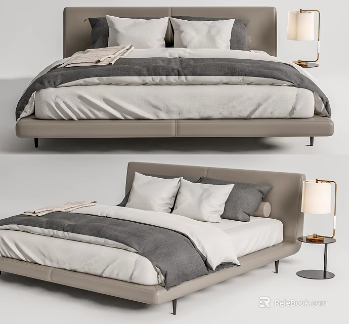 Modern Double Bed Design With Beige Frame White And Grey Bedding And Side Table Lamp 3d model 